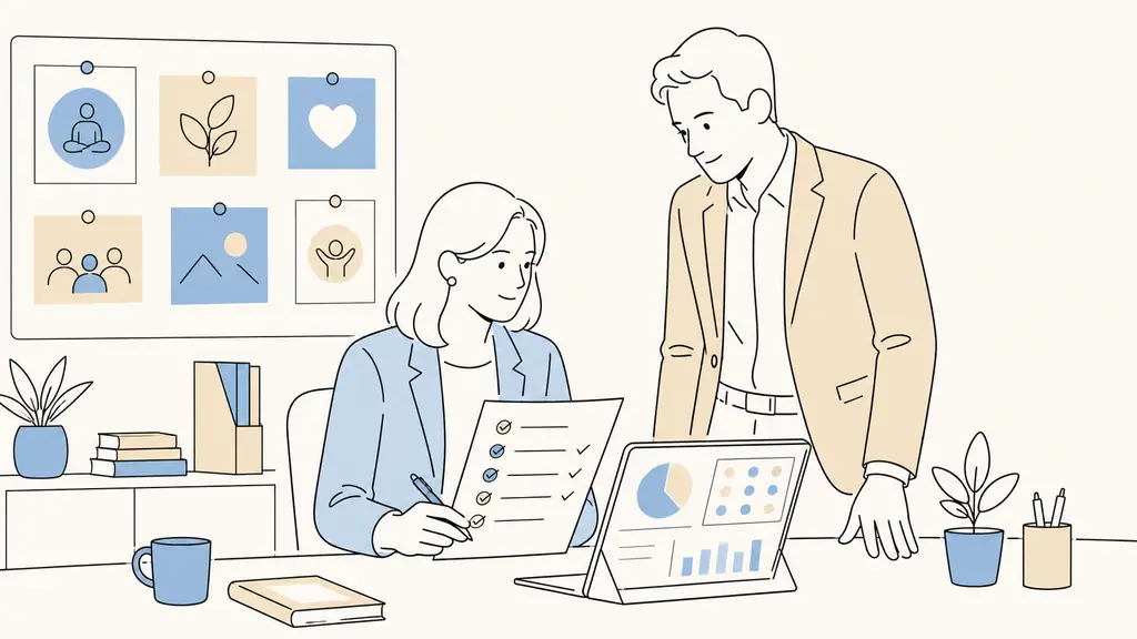 HR manager reviewing an onboarding checklist and payroll dashboard with a department manager beside a workplace wellbeing noticeboard, editorial photography, no text, no logo