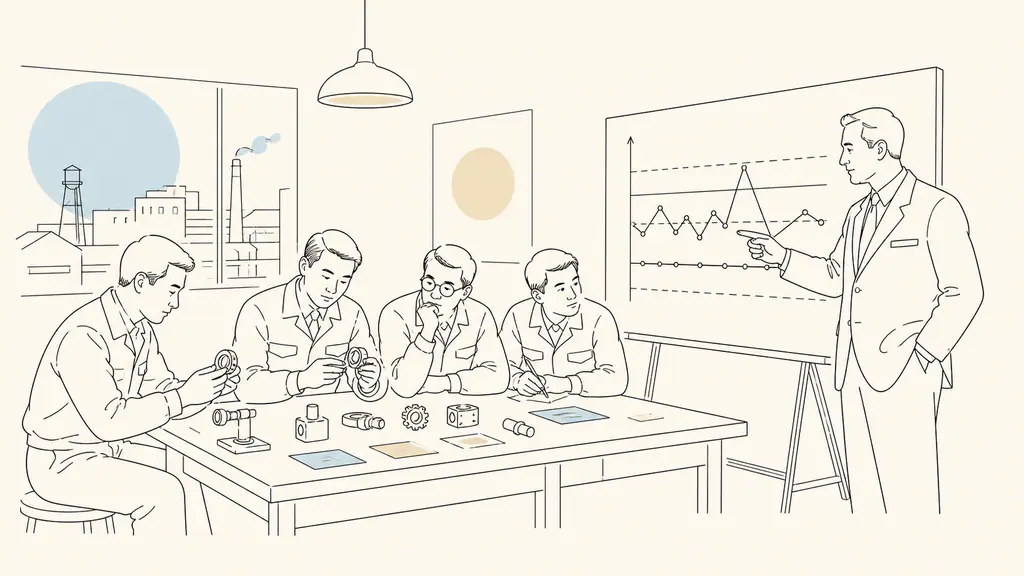 Postwar Tokyo training room with Japanese engineers examining manufactured samples and a statistical process control chart beside an American instructor, no visible text or logos