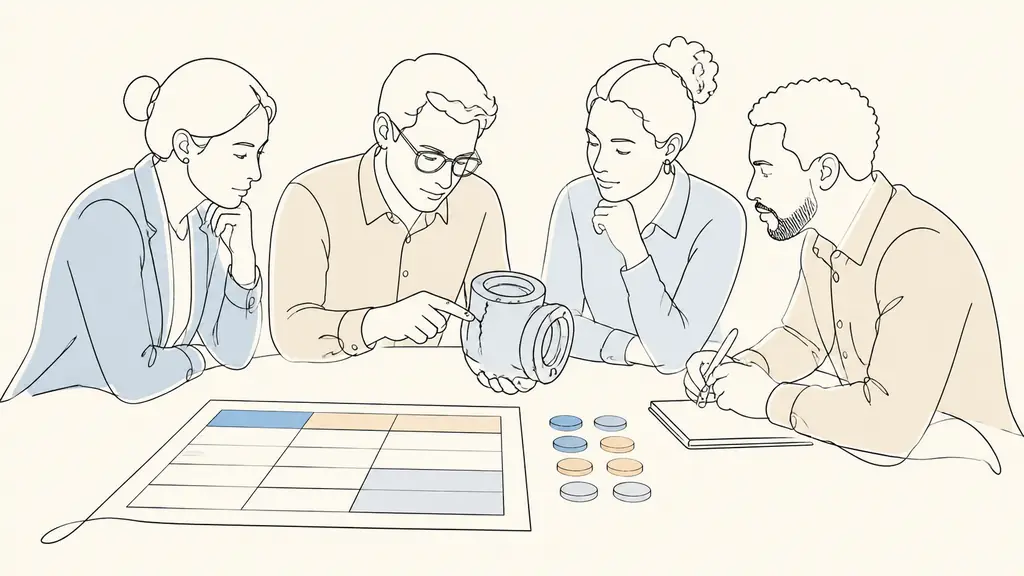 Small manufacturing team gathered around a defective metal component, a supplier cost sheet and colored process markers, no visible text or logos