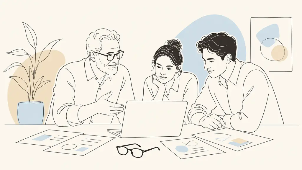 Senior trainer guiding two younger colleagues around a laptop in a small office, printed workshop notes and reading glasses on the table, natural editorial photography, no text, no logo