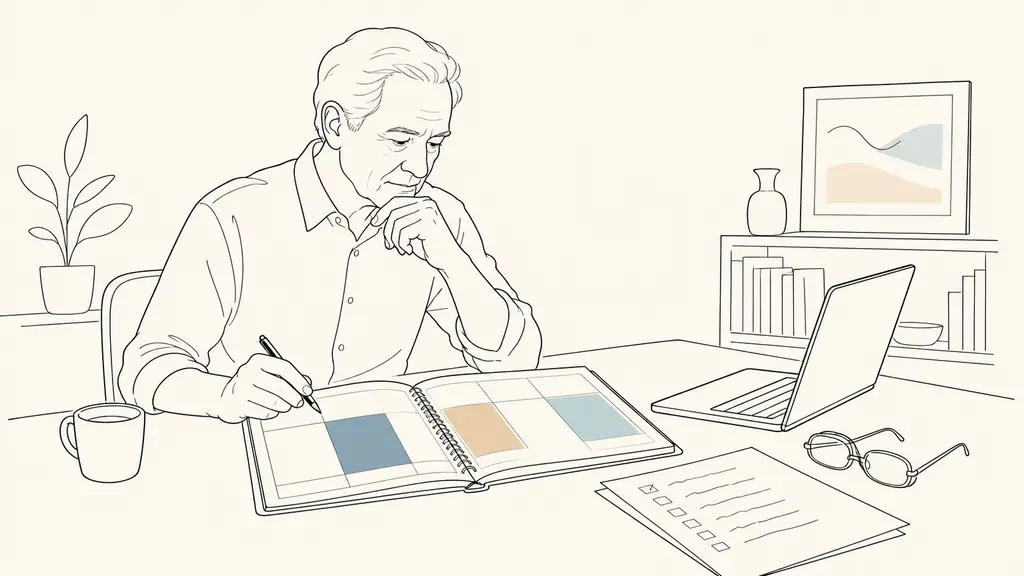 Retired job seeker reviewing a weekly planner with three colored workday blocks beside a laptop, reading glasses and a handwritten application checklist on a small home-office desk, natural editorial photography, no text, no logo