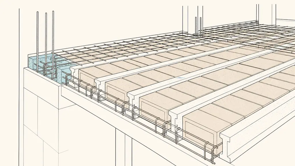 Close-up construction site view of parallel concrete beams fitted with infill blocks, perimeter reinforcement mesh and thermal break elements before the compression slab is poured, no text, no logo