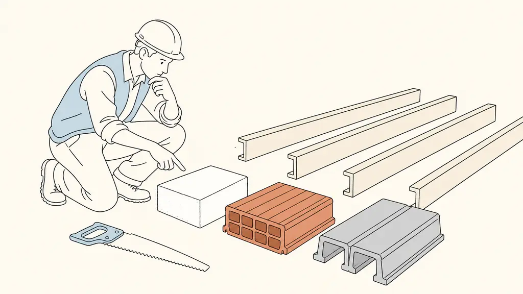 Construction worker comparing a lightweight white PSE infill block, a red terracotta block and a grey concrete hourdis beside parallel floor beams, with a hand saw visible, no text, no logo