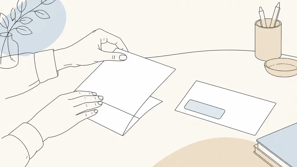 Close-up editorial photograph of hands folding a blank A4 sheet into thirds beside a white DL window envelope on a tidy office desk, soft natural light, no visible text or logo