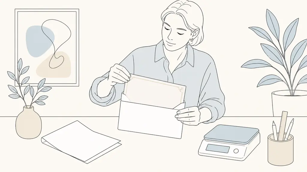 Editorial photograph of a person testing a thick invitation card inside a white DL envelope beside a neatly folded cover letter and a small postal scale, natural office light, no visible text or logo