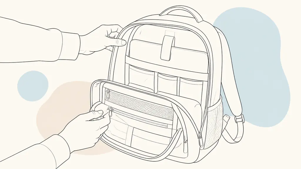 Editorial studio photograph of hands opening the compartments of an unbranded backpack on a neutral background, with stable soft lighting and a fixed camera on a tripod, no visible text or logos