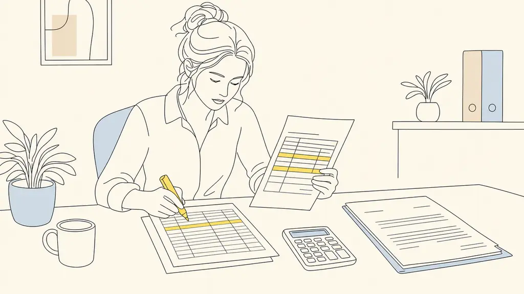 Editorial photo of a temporary worker comparing a paper timesheet with a payslip, highlighting 35 regular hours and 4 overtime hours with a yellow marker, a calculator and mission contract visible on the desk, no text or logo