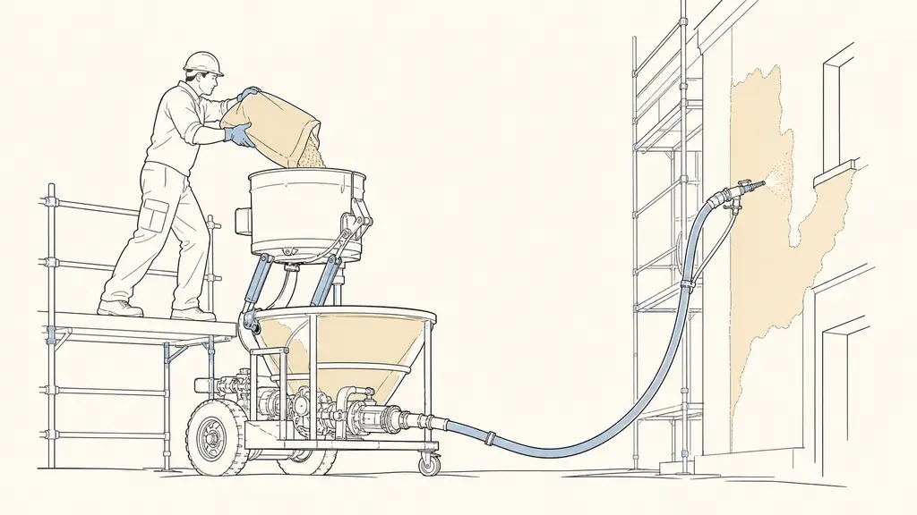 Construction worker loading bagged mortar into a raised 180-liter hydraulic mixer connected to a 220-liter hopper, with a pneumatic projection hose visible on a facade worksite, no text or logos