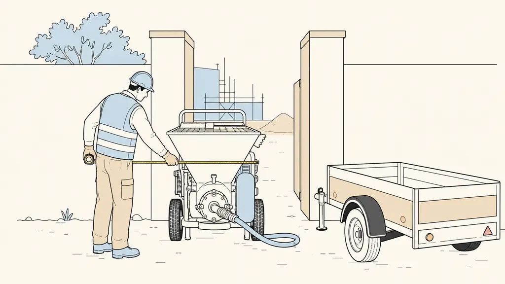 Worker measuring the 1.44-meter width of a compact mortar spraying machine beside a transport trailer, with a narrow construction site entrance in the background, no text or logos