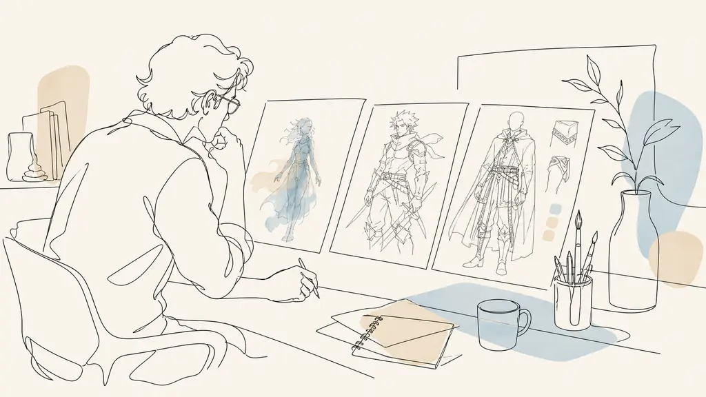 Editorial photograph of an art director comparing a delicate watercolor fantasy character silhouette, an angular spiky-haired hero sketch, and a detailed medieval costume concept on a studio table, no text, no logos