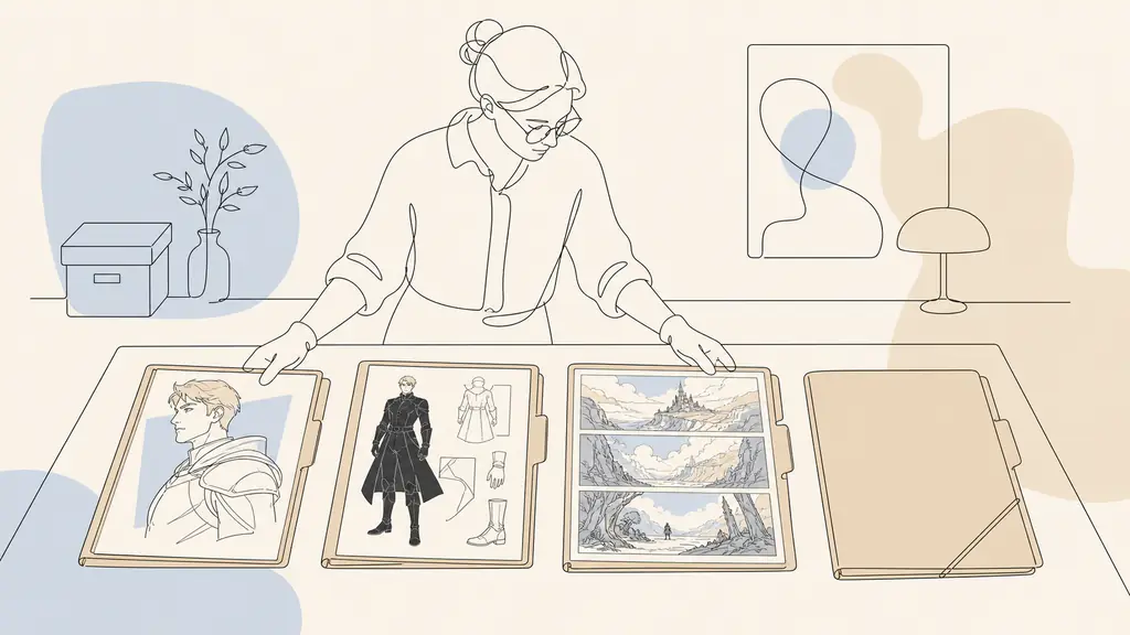 Editorial photograph of an archivist arranging four folders containing an angular blond hero sketch, a detailed black costume sheet, and a wide fantasy landscape storyboard, no text, no logos