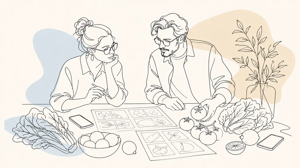 Two creative directors reviewing supermarket produce and smartphone campaign storyboards around a studio table, editorial photography, no text, no logos