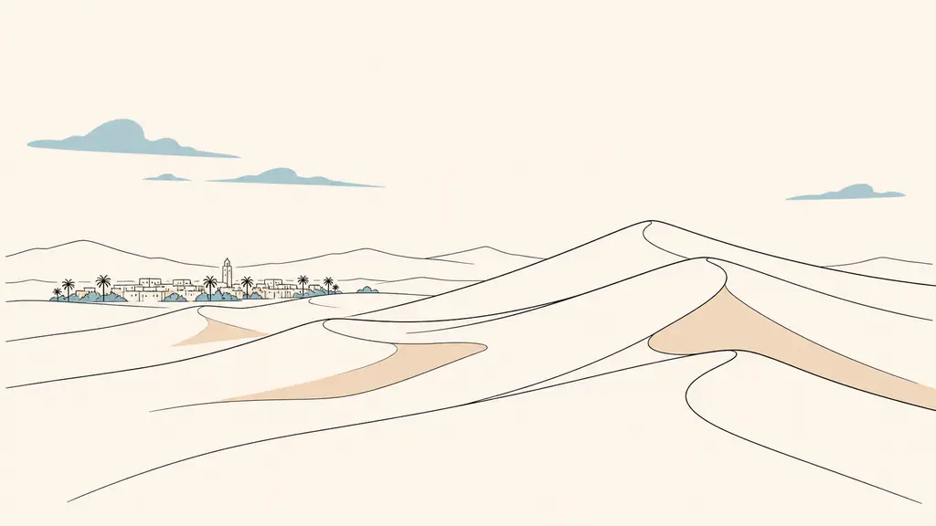 editorial photograph of wind-shaped sand dunes near Merzouga, with visible dune ridges and a small settlement at the edge of the desert, no text or logo