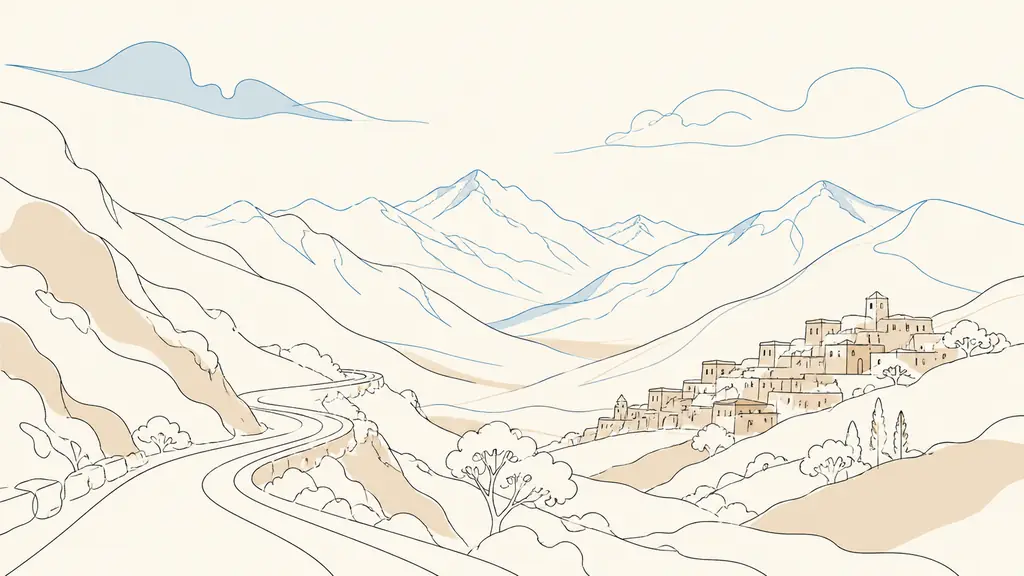 editorial photograph of a winding mountain road crossing a High Atlas valley, with rugged ridgelines and a small hillside village, no text or logo