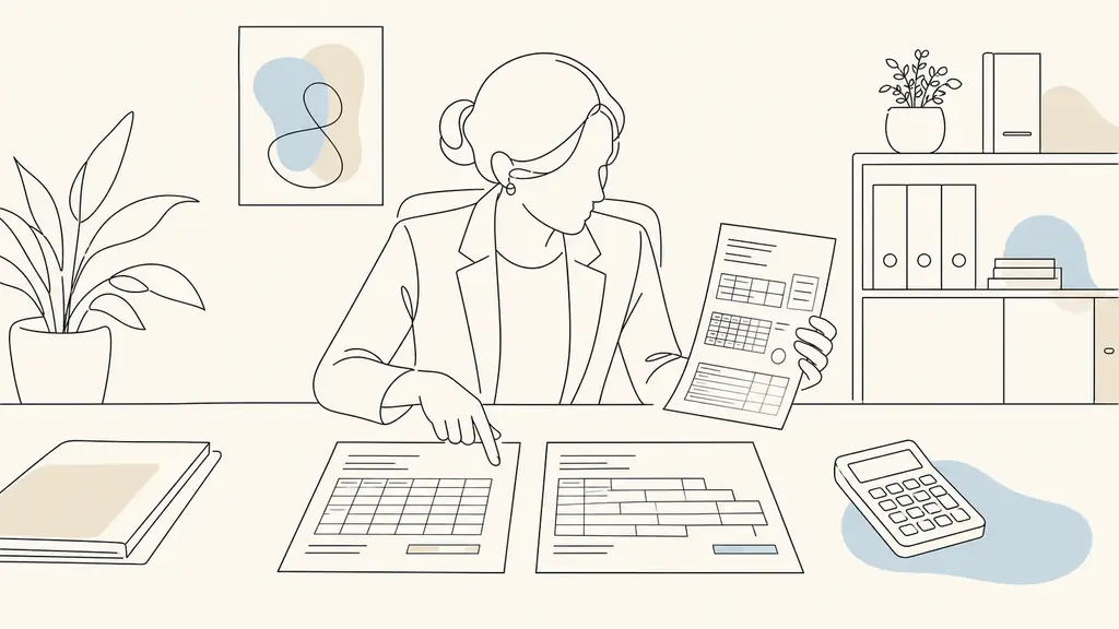 HR manager comparing an employee payslip showing work schedule and NR with two printed pay grids labeled only by distinct table layouts, calculator on desk, editorial office photography, no readable text or logos