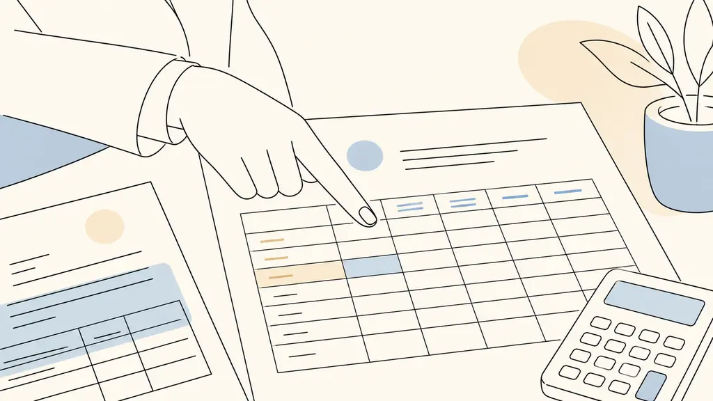 HR professional pointing to the intersection of a row and column on a printed pay grid beside an employee payslip and a calculator, close-up editorial office photography, no readable text or logos