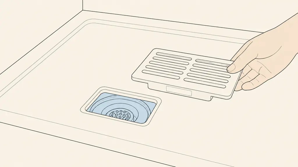 editorial close-up photograph of a cream gelcoat Sanycces Strato 190x90 shower tray, showing the drain area, a matching cream grate held beside it, and the identification label visible underneath, natural light, no text or logo
