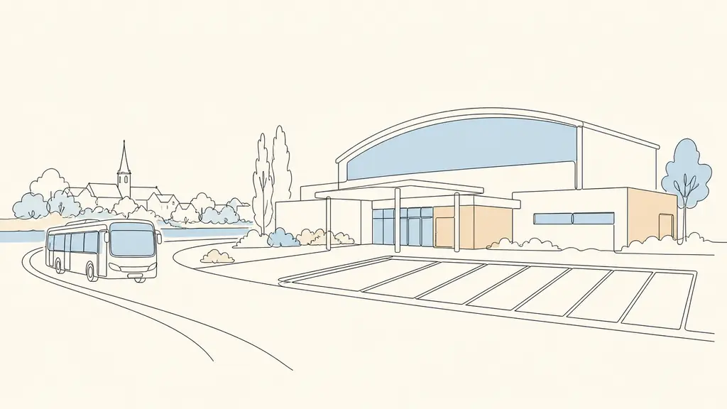 editorial photograph of a municipal gymnasium entrance in Montargis, a local bus approaching nearby and a small eight-space parking area, no visible text or logos