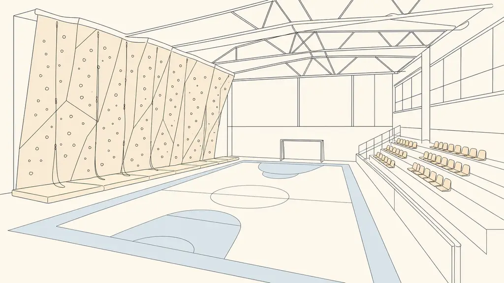 editorial photograph inside the Grand Clos sports complex showing an eight-metre climbing wall with marked lanes beside a synthetic multisports court and a small spectator stand, no visible text or logos