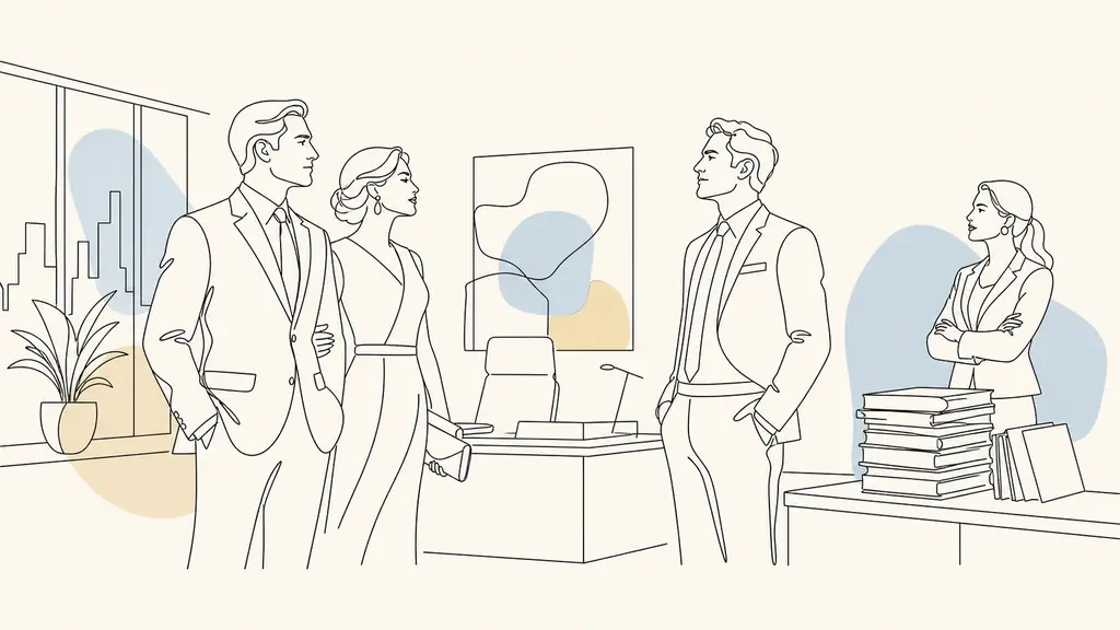 Editorial photograph of a businessman in a dark suit standing beside his wife in an elegant office, facing a charismatic male rival while a female colleague watches near confidential business files, no text, no logo