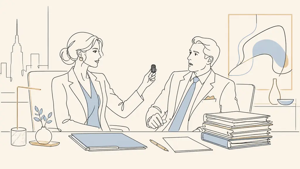Editorial photograph of a woman turning a hidden recording device toward a stunned businessman beside confidential files in a dark luxury office, no text, no logo