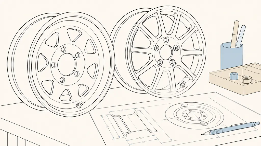 Close-up editorial photograph of a historic rally wheel beside a modern multi-spoke reproduction, with a technical specification sheet showing wheel dimensions on a workshop bench, no visible text or logos