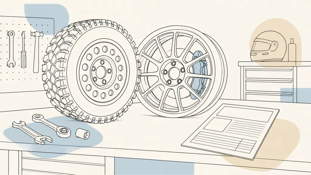Editorial workshop photograph showing a rugged rally wheel beside a rigid multi-spoke circuit wheel, with a brake caliper visible through the spokes and a vehicle homologation sheet on the workbench, no visible text or logos
