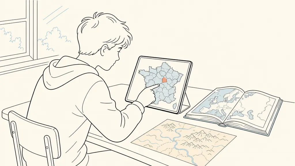 Student pointing to a colored French department on an interactive tablet map, with an open European atlas and a physical map showing rivers and mountains on the desk, natural classroom lighting, no text, no logos