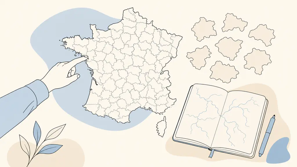 Person pointing to Nantes on a detailed map of France beside department outline cards and a notebook listing French rivers, natural daylight, no text, no logos