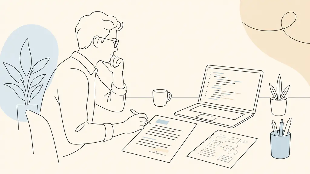 Editorial photograph of an engineer reviewing a structured application letter beside a laptop displaying Python code, with a handwritten project specification sheet on the desk, no visible text or logo