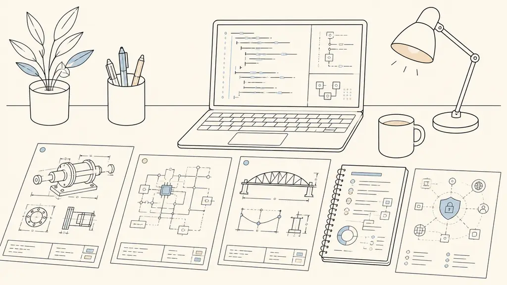 Editorial photograph of three customized engineering application drafts beside a laptop showing Python code, a functional specifications notebook, and a cybersecurity risk diagram, no visible text or logo
