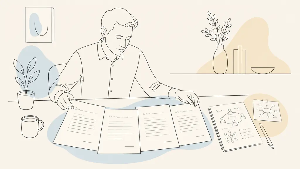 Editorial photograph of a candidate arranging a four-part cover letter beside handwritten notes about an IME and a multidisciplinary team, on a tidy desk, no visible text, no logo