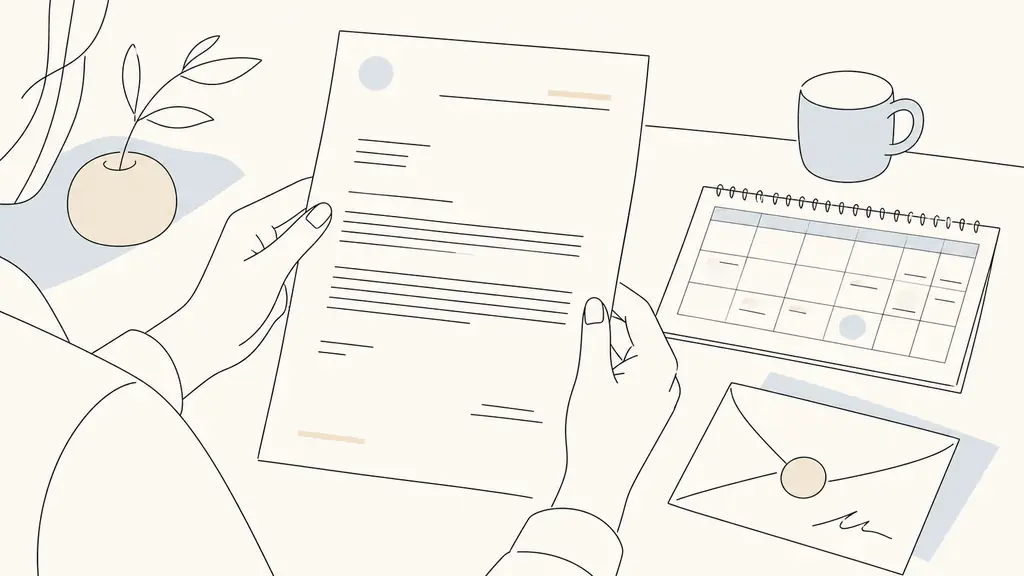 close-up editorial photograph of a candidate reviewing a one-page formal application letter beside a handwritten availability calendar and a signed envelope, natural desk light, no text, no logo