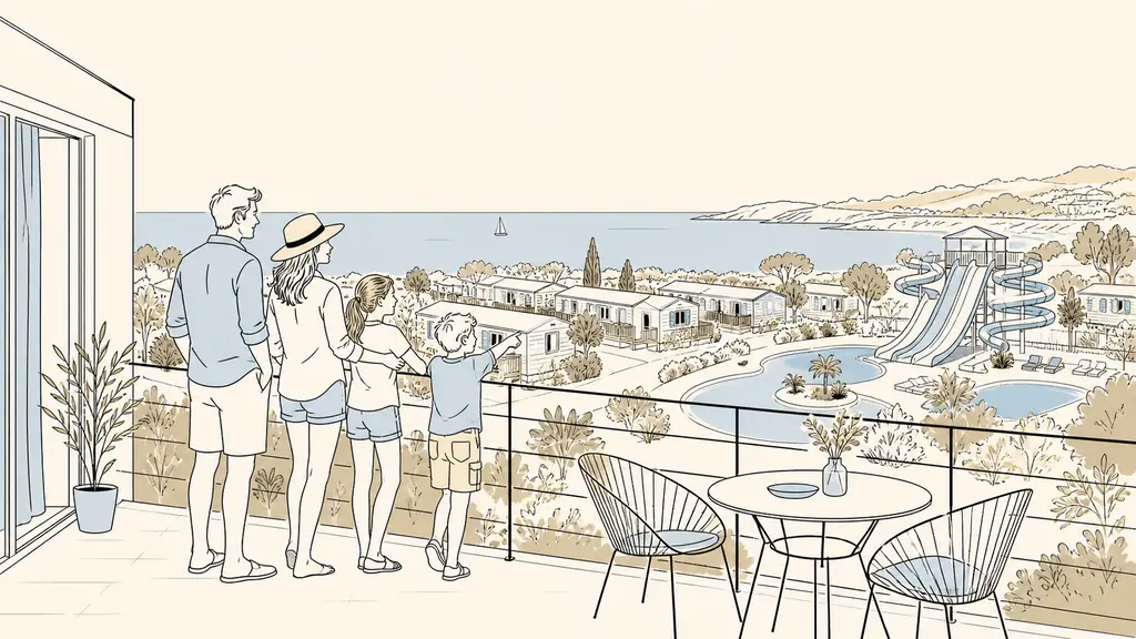 Family comparing a seaside apartment balcony with a nearby campsite featuring mobile homes and a water park, private terrace in the foreground, editorial travel photography, no text, no logo