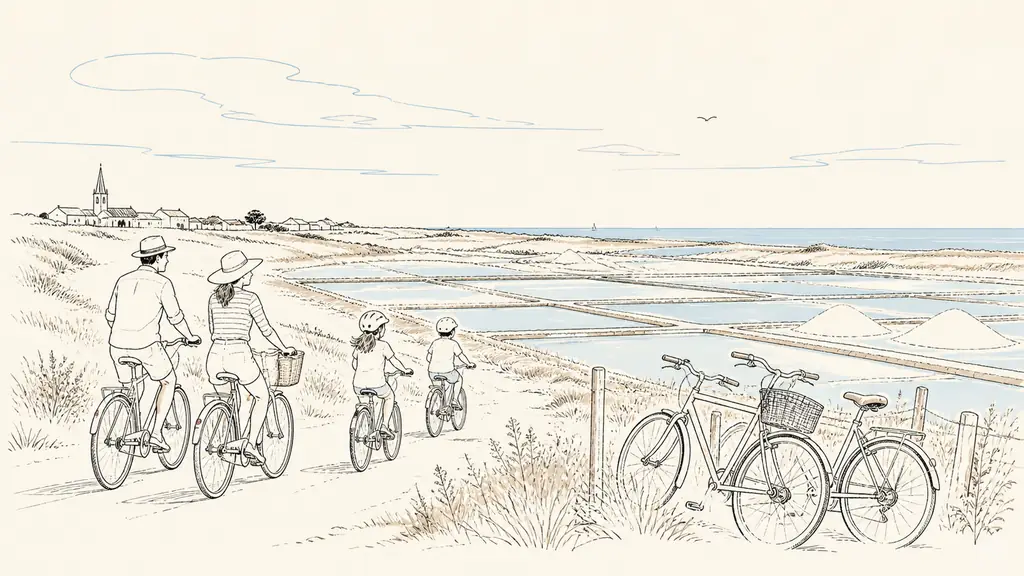 Family cycling beside the salt marshes of Île de Ré, with bicycles parked near a coastal path and the Atlantic shoreline in the background, editorial travel photography, no text, no logo