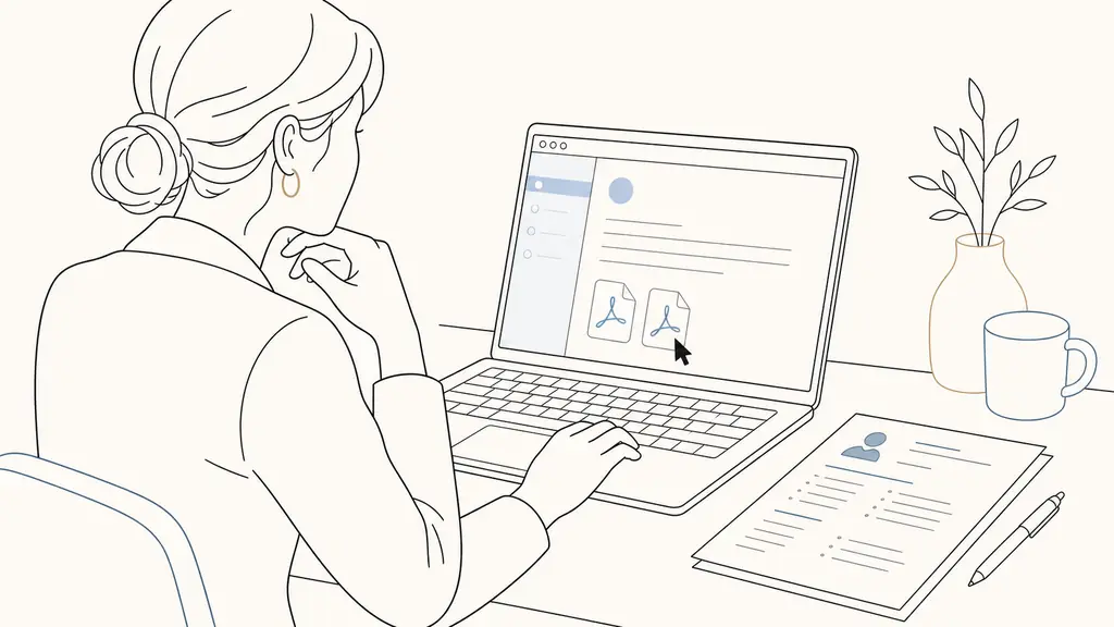 close-up editorial photograph of a recruiter at a laptop viewing a minimalist plain email, cursor positioned over two PDF attachment icons, printed CV beside the keyboard, no visible text or logos
