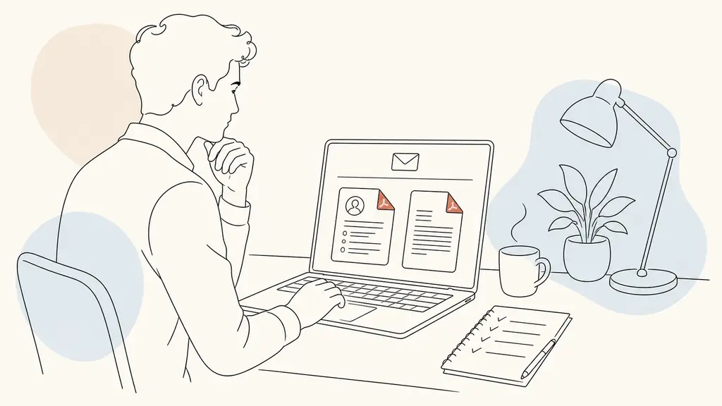 editorial photograph of a candidate reviewing a concise job application email on a laptop, with two clearly named PDF attachment icons and a handwritten checklist beside the keyboard, no visible text or logos
