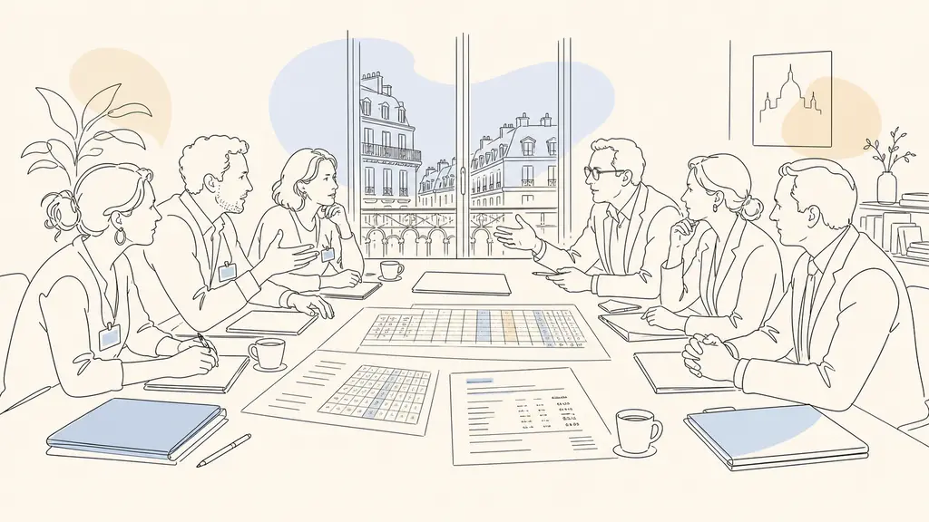 French collective bargaining meeting with salary grid documents, a travel allowance calculation sheet, and union representatives discussing across a conference table
