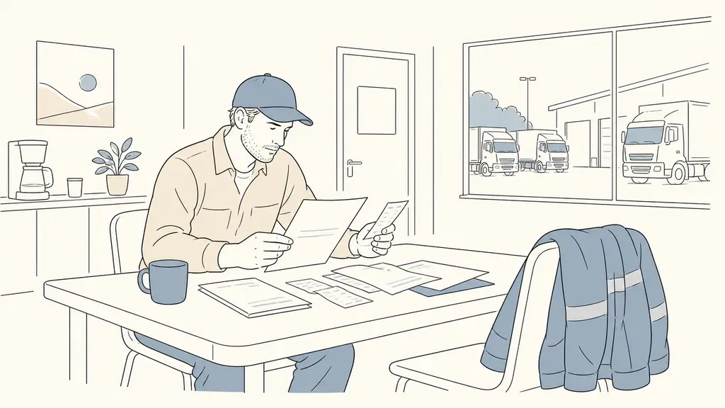 French truck driver reviewing a payslip beside travel expense receipts in a transport depot break room, work jacket resting on a chair, no visible text or logos