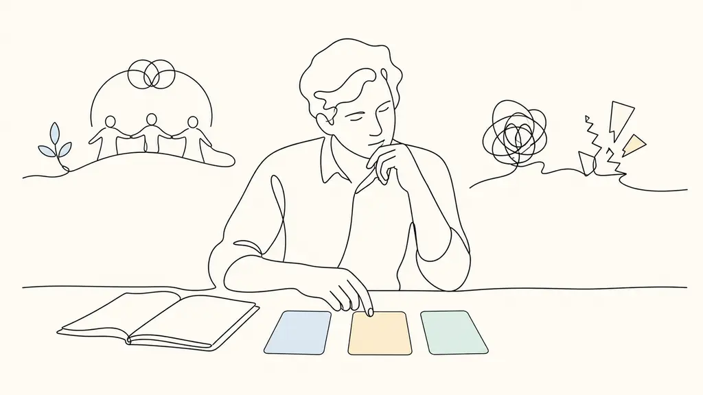 Editorial photograph of a candidate at a desk sorting three color-coded cards beside an open notebook, reflecting on two contrasting work experiences before an interview, no visible text or logos