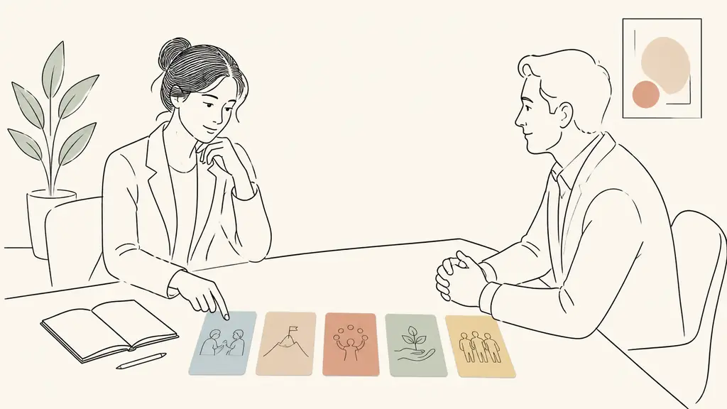 Editorial photograph of a candidate in an interview room selecting one of five color-coded scenario cards beside a notebook, with a manager listening across the table, no visible text or logos
