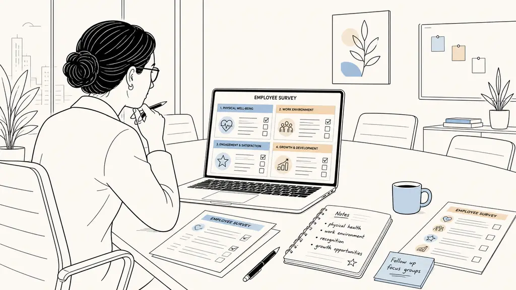 HR manager reviewing a four-section employee survey table on a laptop, with printed questionnaires and handwritten notes about physical health and work environment on a meeting room table