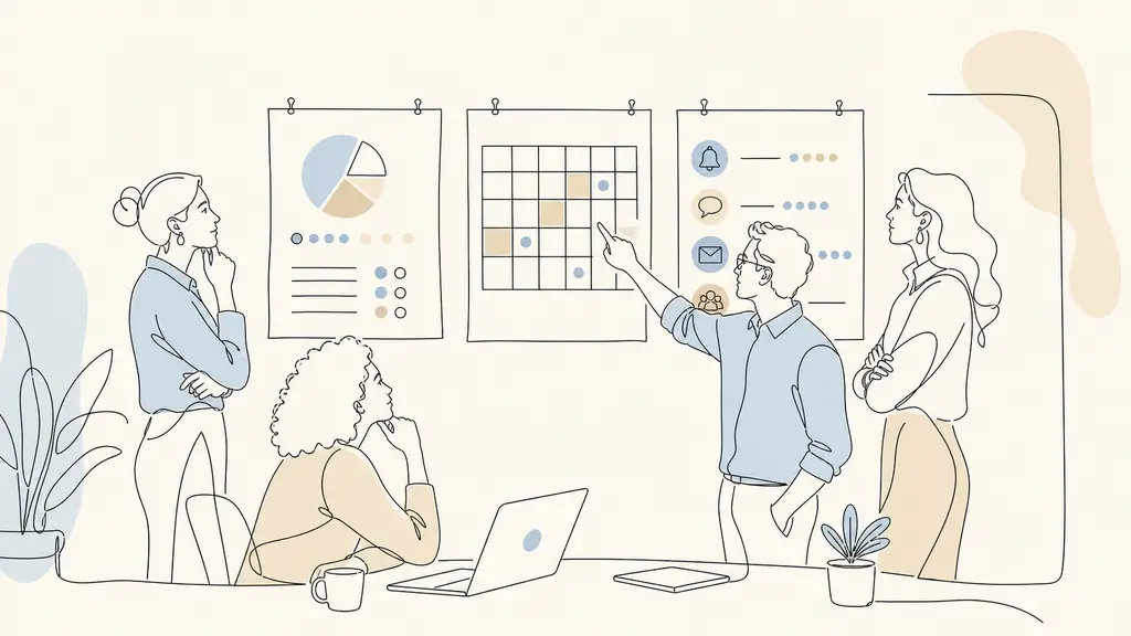 Small business team in a meeting room examining an anonymous survey summary beside a workload calendar and a list of frequent workplace interruptions, editorial photography, no text, no logo