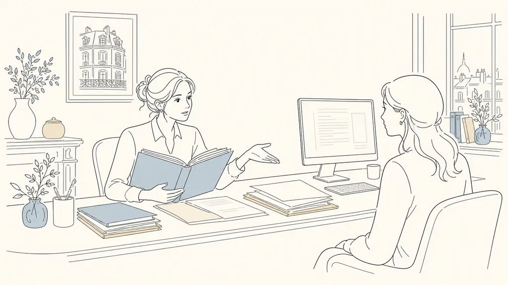Editorial photograph of a notarial clerk checking a folder of legal documents beside a computer displaying an unreadable draft deed, while discussing missing paperwork with a client in a French notarial office, no text, no logo