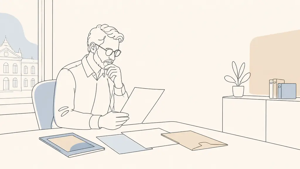 Editorial photograph of an adult career changer reviewing a notarial training application beside a course brochure and internship agreement in a French university office, no text, no logo