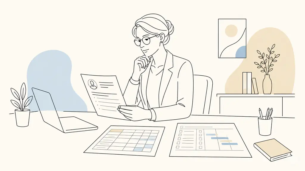 HR professional reviewing a candidate CV beside a payroll spreadsheet and an employee training plan in a French office, editorial photography, no visible text or logos