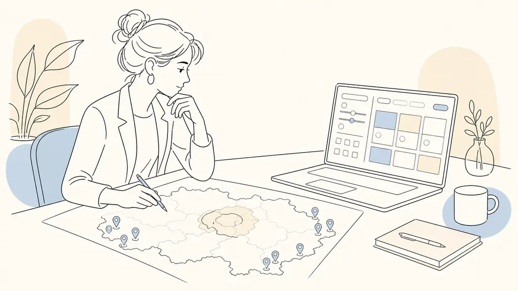 HR candidate reviewing a map of Île-de-France with location pins near several suburban areas and a laptop showing job search filters, editorial photography, no visible text or logos