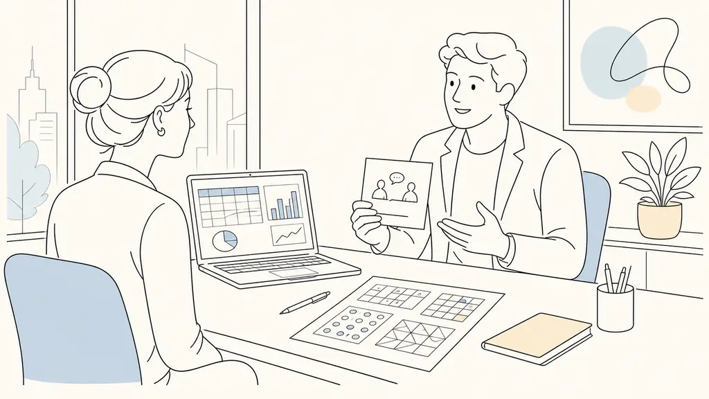 A job interview table with a printed logic test of number matrices, an open laptop showing an Excel-style skills exercise, and a recruiter presenting a short role-play case to a candidate in a bright office, editorial photography, no text, no logo