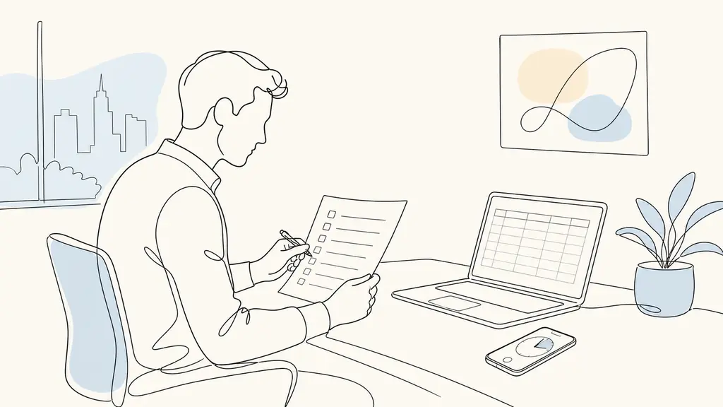 A candidate at a bright office desk reviewing a printed interview test checklist with a pen, a smartphone timer set on the table, and an open laptop showing a simple spreadsheet exercise, editorial photography, no text, no logo