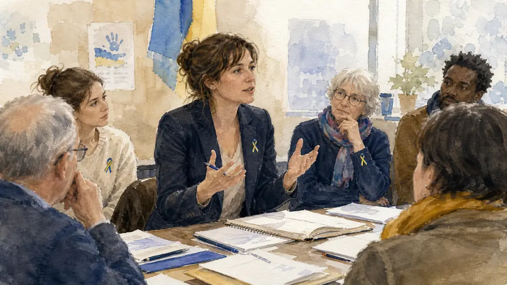 French female journalist speaking during a small European civic association meeting, with press notes on a table and discreet blue and yellow ribbons, editorial documentary photography, no text, no logo